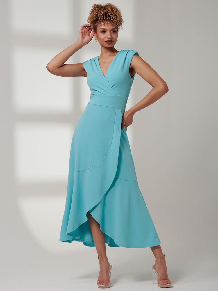 Jolie Moi Blue Preslie Wrap Frill Hem Maxi Dress - Image 1 of 5 Jolie Moi Blue Preslie Wrap Frill Hem Maxi Dress - Image 1 of 5