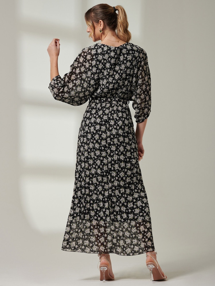 Jolie Moi Black Pleated Waist Tie Chiffon Maxi Dress - Image 2 of 7