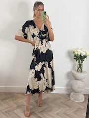 Jolie Moi Black Angel Sleeve Satin Maxi Dress - Image 1 of 6