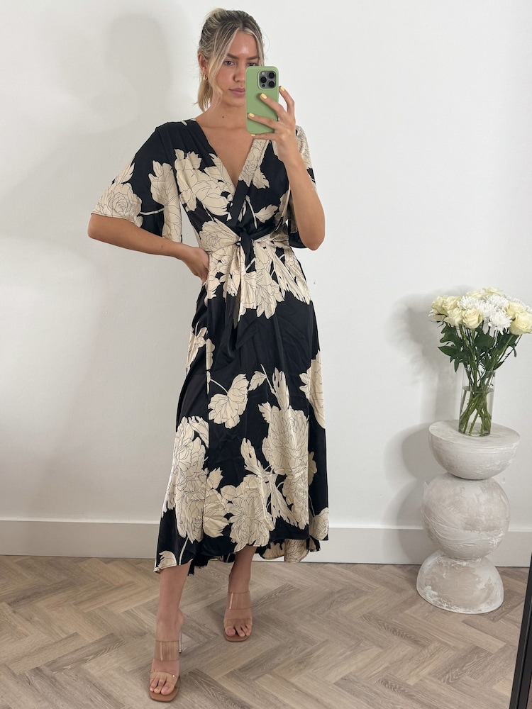 Jolie Moi Black Angel Sleeve Satin Maxi Dress - Image 1 of 6
