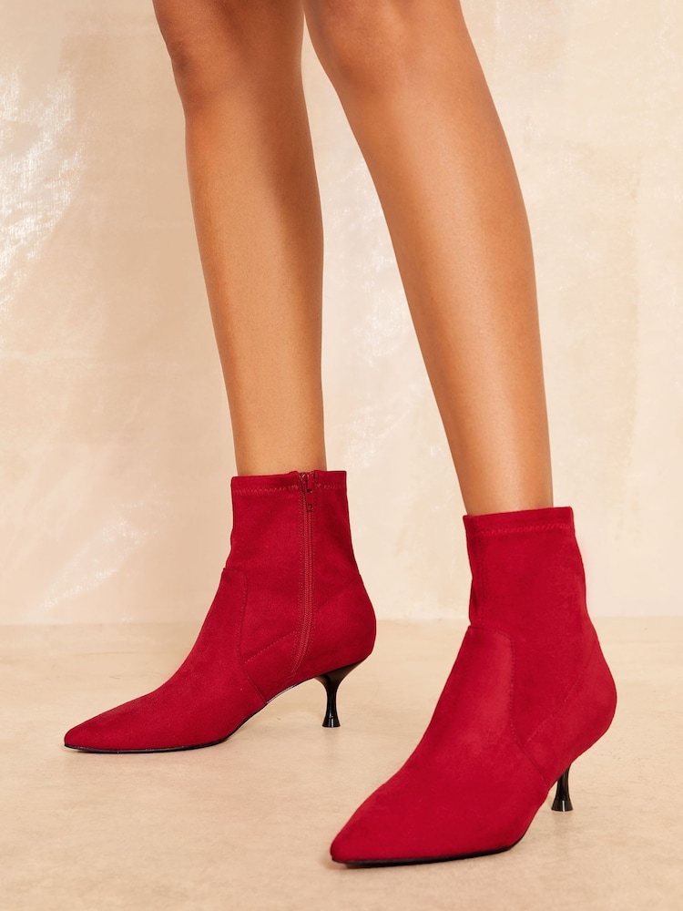 Friends Like These Red Standard Fit Pointed Toe Stiletto Kitten Heel Ankle Sock Party Boot - Image 1 of 4