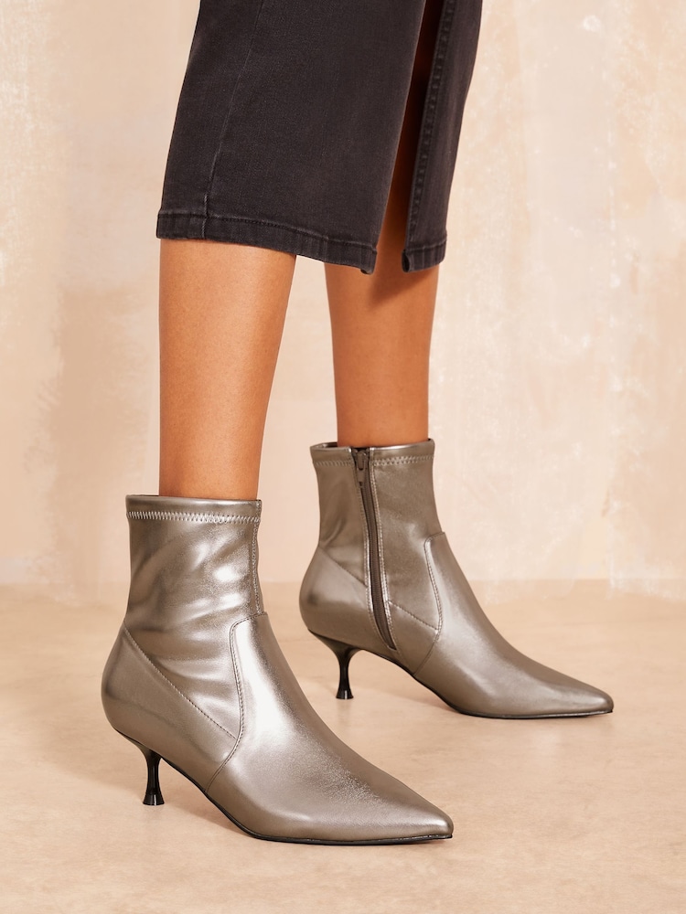 Friends Like These Silver Standard Fit Pointed Toe Stiletto Kitten Heel Ankle Sock Party Boot - Image 2 of 4