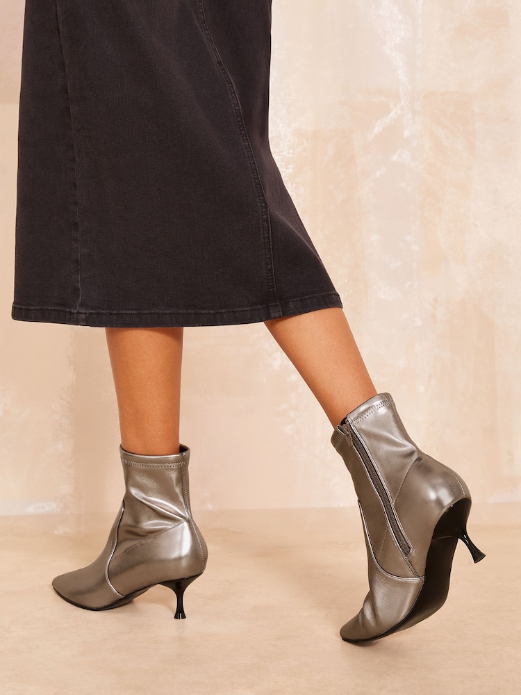 Friends Like These Silver Standard Fit Pointed Toe Stiletto Kitten Heel Ankle Sock Party Boot - Image 4 of 4