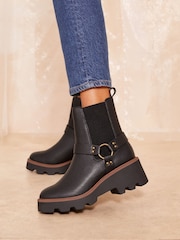 Friends Like These Black Wedge Heel Chunky Biker Faux Leather Ankle Boots - Image 1 of 4