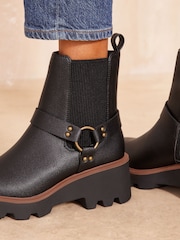 Friends Like These Black Wedge Heel Chunky Biker Faux Leather Ankle Boots - Image 2 of 4