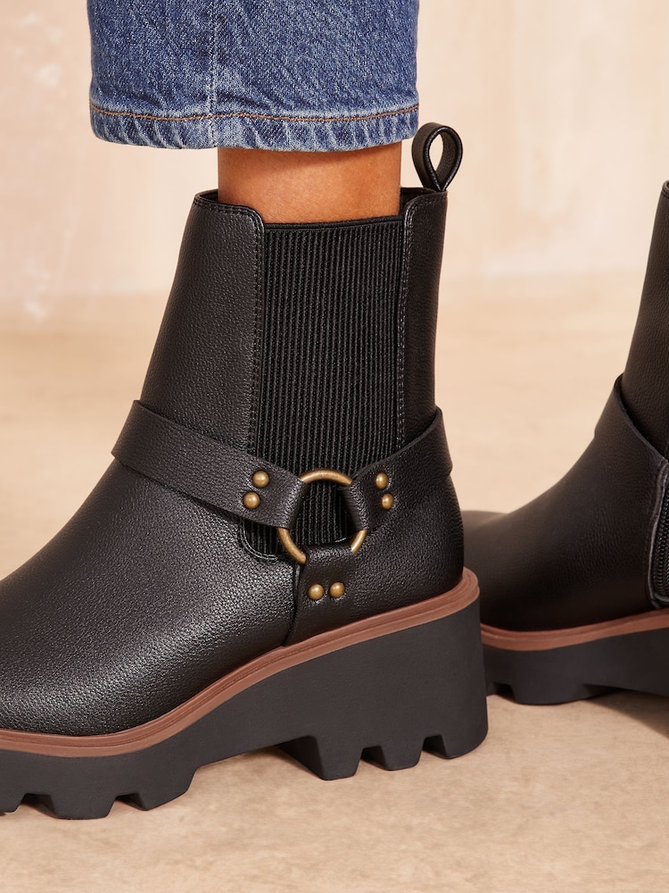 Friends Like These Black Wedge Heel Chunky Biker Faux Leather Ankle Boots - Image 2 of 4