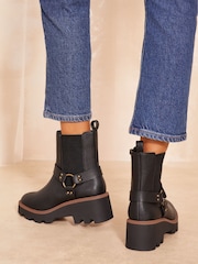Friends Like These Black Wedge Heel Chunky Biker Faux Leather Ankle Boots - Image 4 of 4