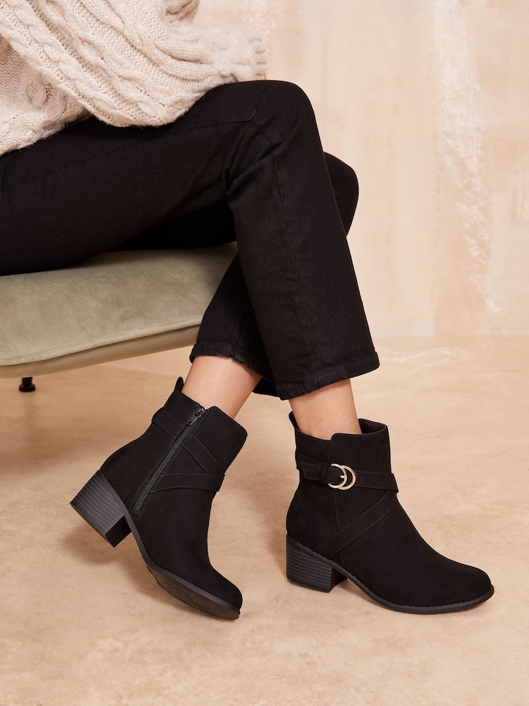 Friends Like These Black Low Block Heel Ankle Buckle Faux Suede Boots - Image 1 of 4