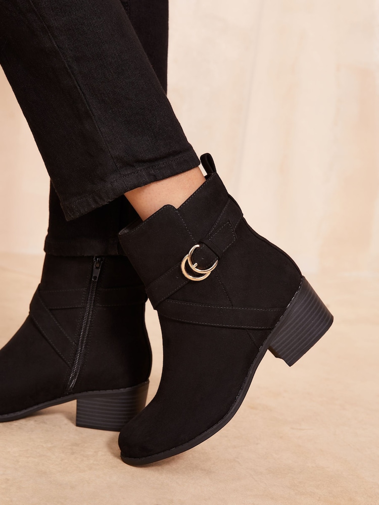 Friends Like These Black Low Block Heel Ankle Buckle Faux Suede Boots - Image 2 of 4