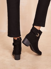 Friends Like These Black Low Block Heel Ankle Buckle Faux Suede Boots - Image 4 of 4