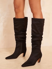 Friends Like These Black Curved Heel Ruched Knee High Faux Leather Boot - Image 1 of 4