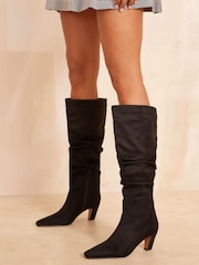 Friends Like These Black Curved Heel Ruched Knee High Faux Leather Boot - Image 2 of 4