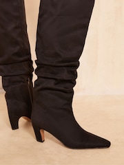 Friends Like These Black Curved Heel Ruched Knee High Faux Leather Boot - Image 4 of 4