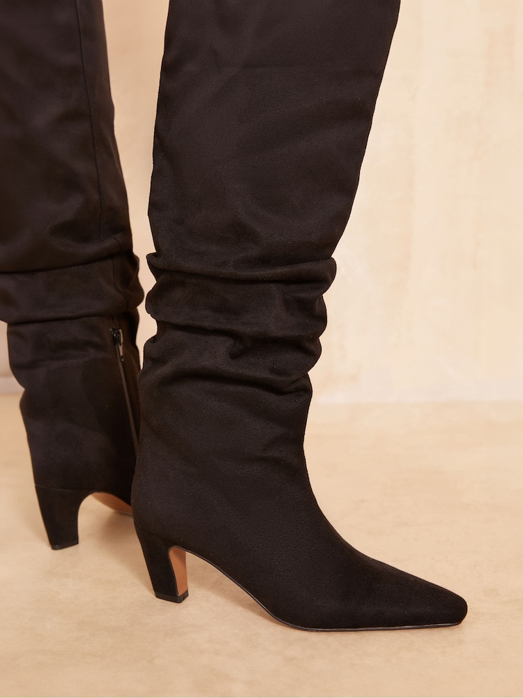 Friends Like These Black Curved Heel Ruched Knee High Faux Leather Boot - Image 4 of 4
