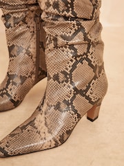 Friends Like These Brown Snake Curved Heel Ruched Knee High Faux Leather Boot - Image 2 of 4