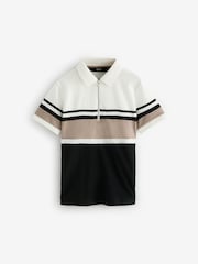 Black/Ecru 100% Cotton Quarter Zip Colourblock Short Sleeve Polo Shirt (3-16yrs) - Image 1 of 4