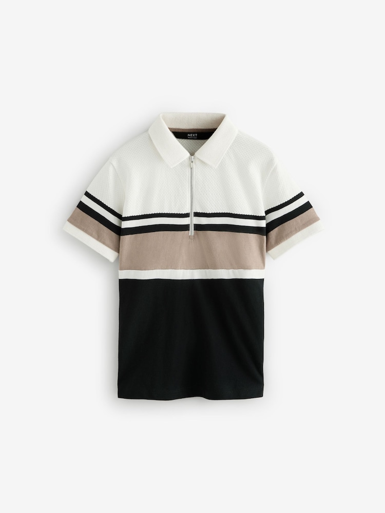 Black/Ecru 100% Cotton Quarter Zip Colourblock Short Sleeve Polo Shirt (3-16yrs) - Image 1 of 4