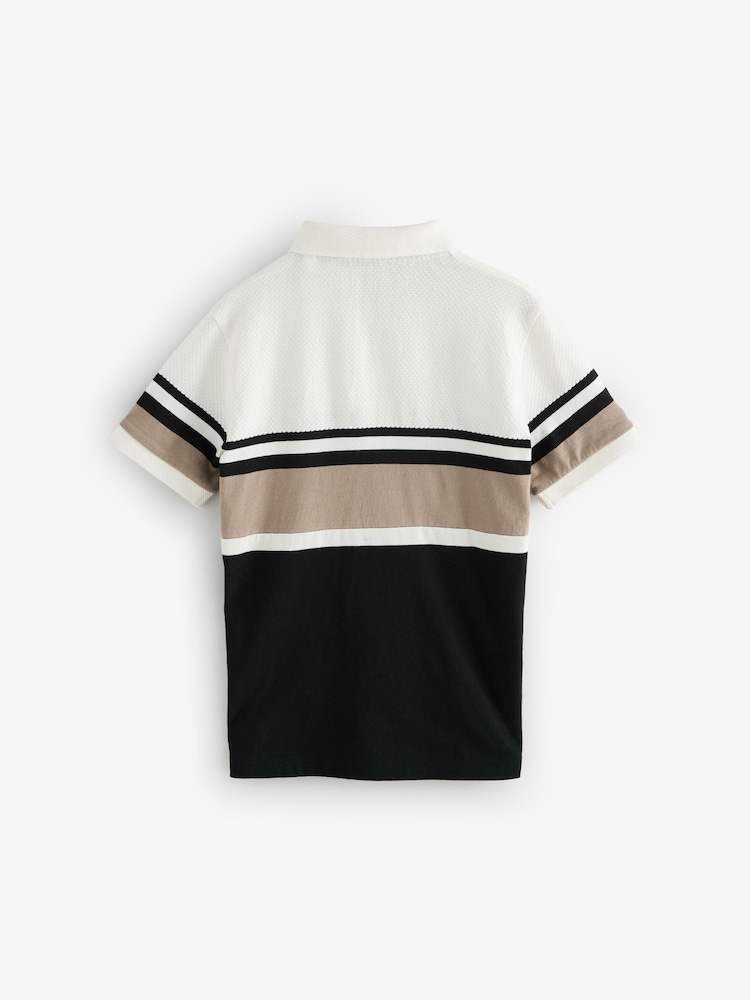 Black/Ecru 100% Cotton Quarter Zip Colourblock Short Sleeve Polo Shirt (3-16yrs) - Image 2 of 4
