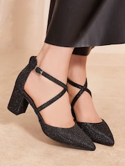 Friends Like These Black Glitter Cross Strap Mid Block Heel Court Shoes - Image 1 of 4