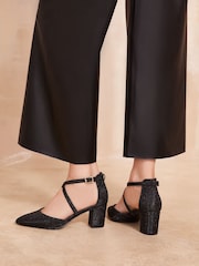 Friends Like These Black Glitter Cross Strap Mid Block Heel Court Shoes - Image 3 of 4