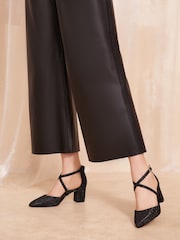 Friends Like These Black Glitter Cross Strap Mid Block Heel Court Shoes - Image 4 of 4