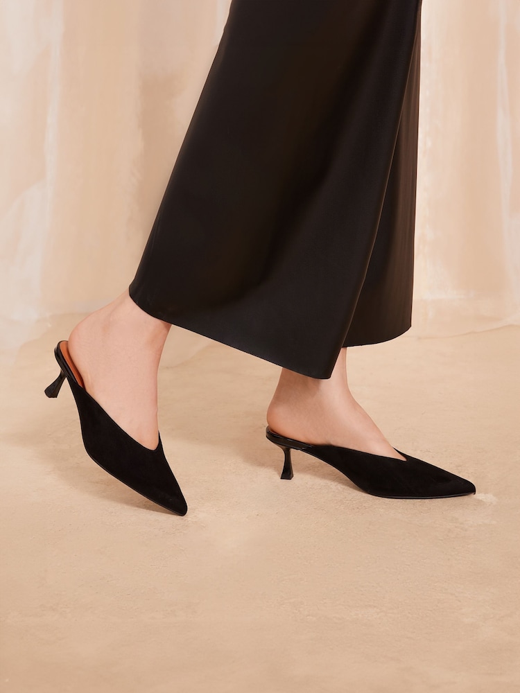 Friends Like These Black Kitten Heel Pointed Toe Mule Faux Suede Court Shoes - Image 1 of 4
