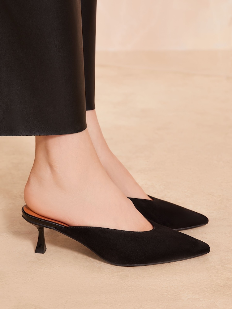 Friends Like These Black Kitten Heel Pointed Toe Mule Faux Suede Court Shoes - Image 3 of 4