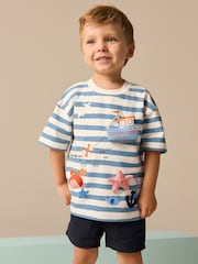 Blue Stripe Short Sleeve 3D Padded Character T-Shirt (3mths-7yrs) - Image 1 of 7