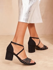Friends Like These Black Embellished Detail Block Mid Heel Sandals - Image 3 of 4