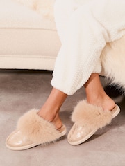 Lipsy Brown Super Soft Leopard Mule Faux Fur Nightwear Slippers - Image 1 of 4