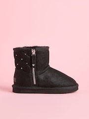Lipsy Black Studded Side Zip Quilted Panel Faux Fur Suede Lined Ultra Soft Bootie - Image 1 of 4