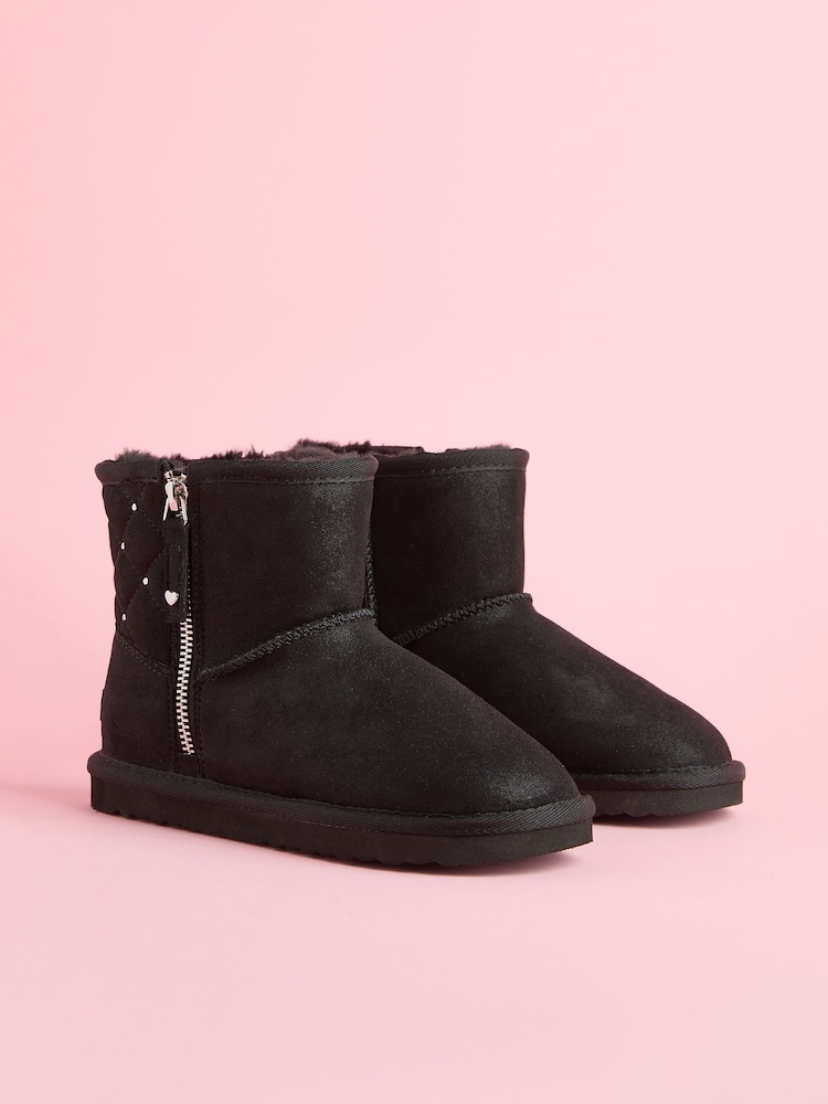 Lipsy Black Studded Side Zip Quilted Panel Faux Fur Suede Lined Ultra Soft Bootie - Image 2 of 4