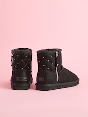 Lipsy Black Studded Side Zip Quilted Panel Faux Fur Suede Lined Ultra Soft Bootie - Image 3 of 4