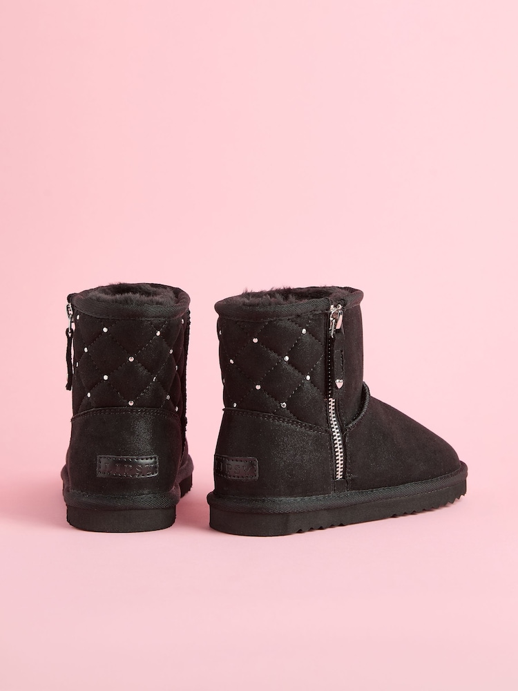 Negru cu ținte - Lipsy Side Zip Matlasat Panou Faux Fur Suede Captus Ultra Soft ghetuțe - Image 3 of 4