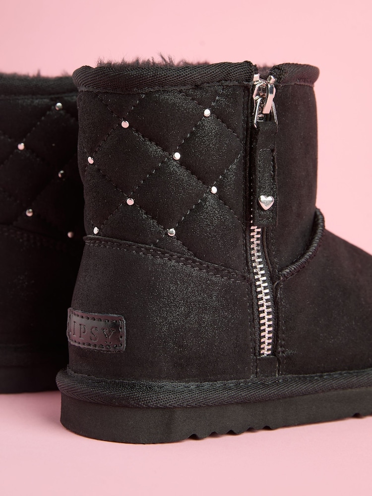 Lipsy Black Studded Side Zip Quilted Panel Faux Fur Suede Lined Ultra Soft Bootie - Image 4 of 4