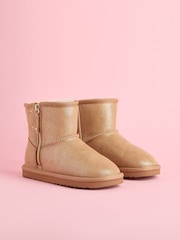 Lipsy Brown Studded Side Zip Quilted Panel Faux Fur Suede Lined Ultra Soft Bootie - Image 2 of 4