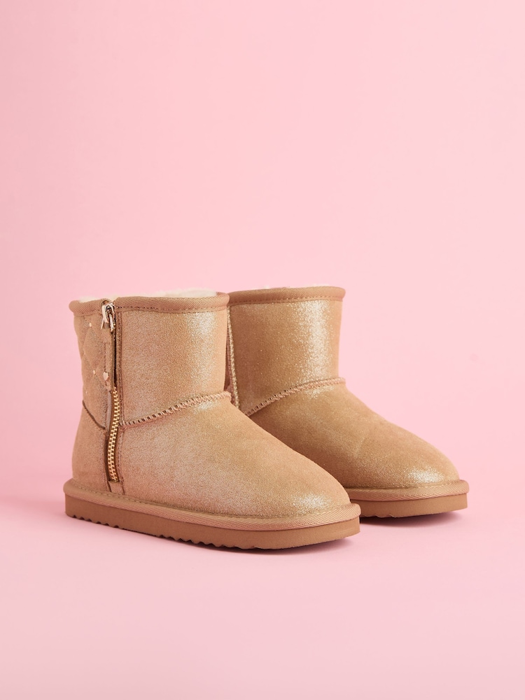 Lipsy Brown Studded Side Zip Quilted Panel Faux Fur Suede Lined Ultra Soft Bootie - Image 2 of 4