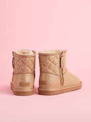 Lipsy Brown Studded Side Zip Quilted Panel Faux Fur Suede Lined Ultra Soft Bootie - Image 3 of 4