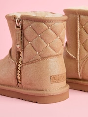Lipsy Brown Studded Side Zip Quilted Panel Faux Fur Suede Lined Ultra Soft Bootie - Image 4 of 4