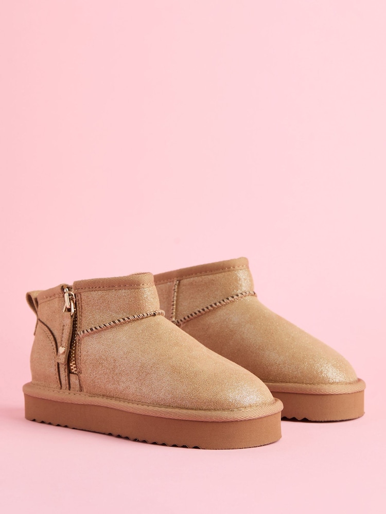 Lipsy Brown Flatform Mule Side Zip Faux Fur Suede Lined Ultra Soft Bootie - Image 2 of 4