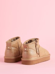 Lipsy Brown Flatform Mule Side Zip Faux Fur Suede Lined Ultra Soft Bootie - Image 3 of 4