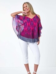 Roman Pink Aztec Style Print Cold Shoulder Top - Image 2 of 5