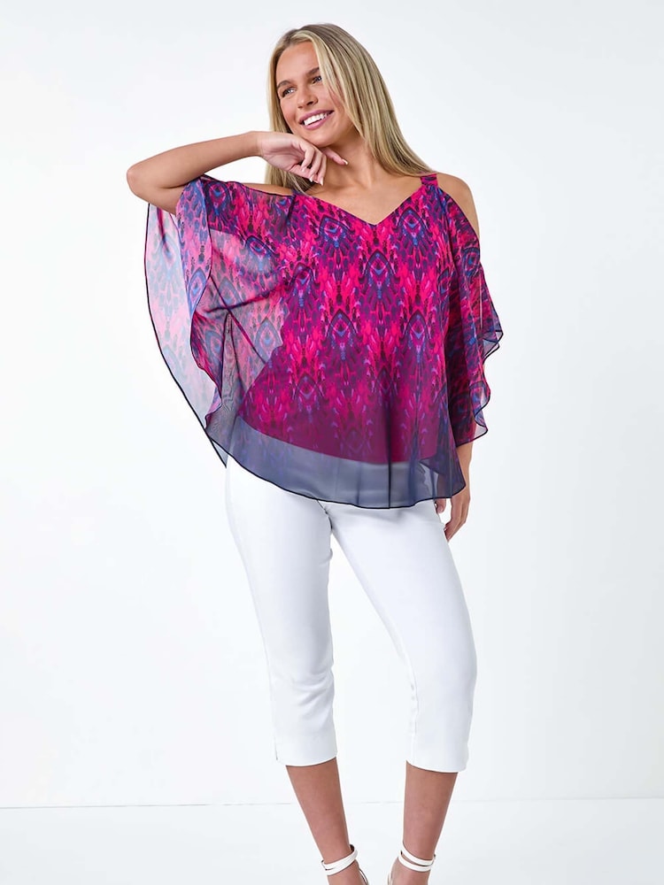 Roman Pink Aztec Style Print Cold Shoulder Top - Image 2 of 5