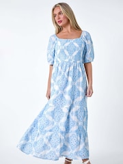 Roman Blue 100% Cotton Embroidered Shirred Maxi Dress - Image 1 of 5