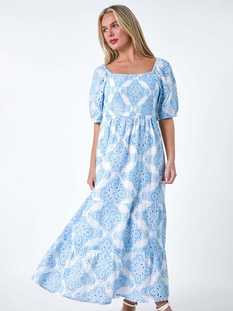 Roman Blue 100% Cotton Embroidered Shirred Maxi Dress - Image 1 of 5