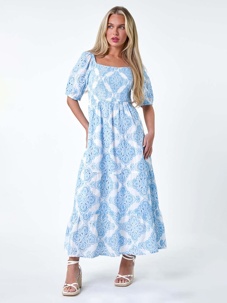Roman Blue 100% Cotton Embroidered Shirred Maxi Dress - Image 2 of 5