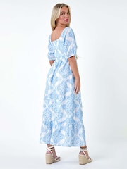Roman Blue 100% Cotton Embroidered Shirred Maxi Dress - Image 3 of 5
