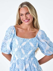 Roman Blue 100% Cotton Embroidered Shirred Maxi Dress - Image 4 of 5