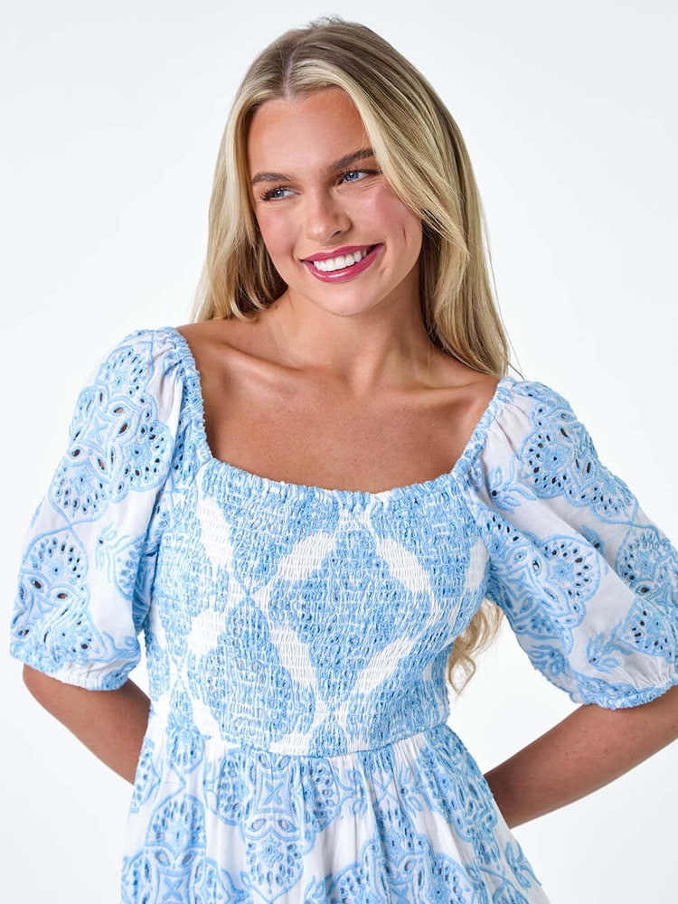 Roman Blue 100% Cotton Embroidered Shirred Maxi Dress - Image 4 of 5