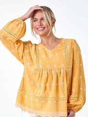 Roman Orange Embroidered 100% Cotton Smock Top - Image 1 of 5